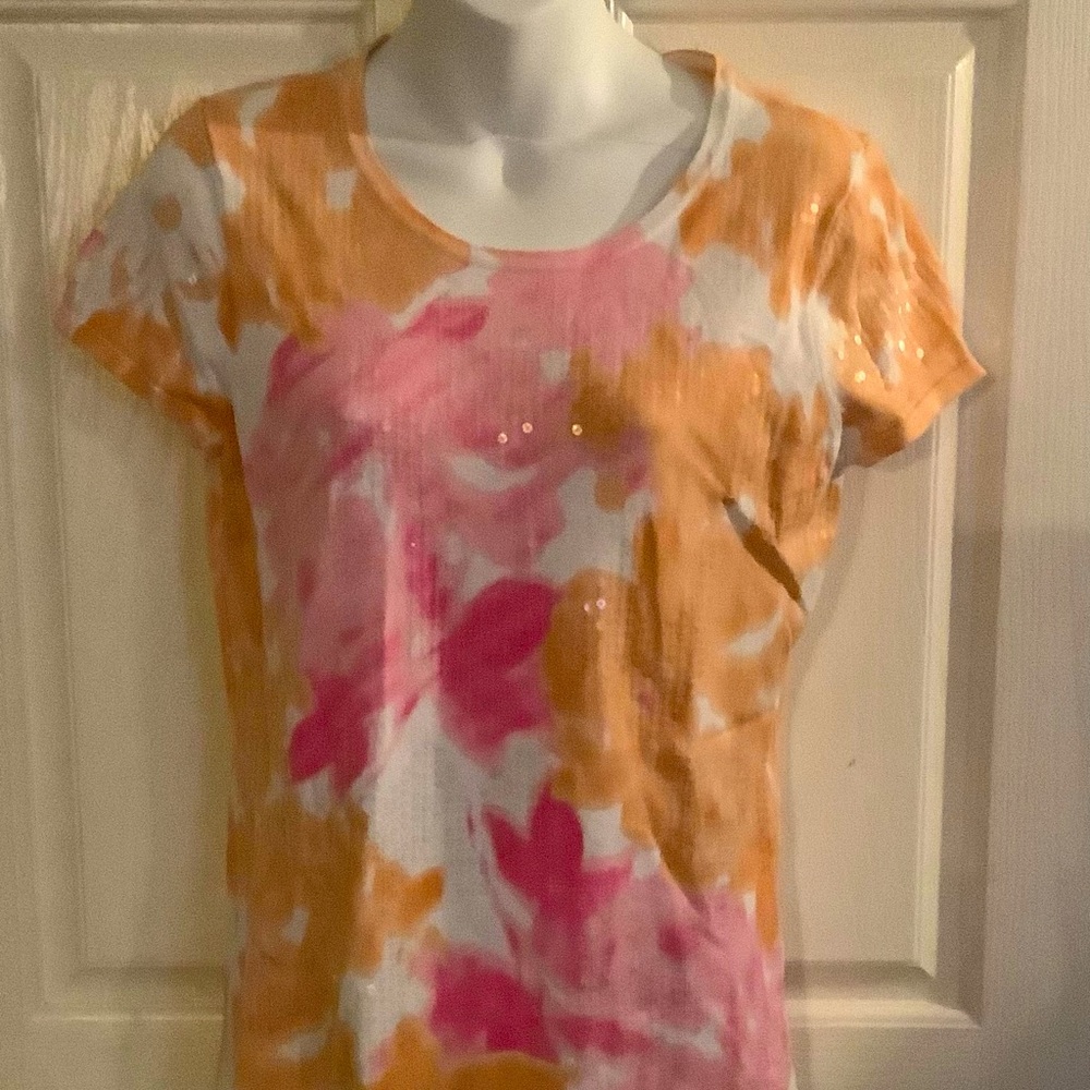 INC top pink/orange floral with clear sequins back has no sequins